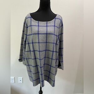 Cynthia Rowley 2XL Gray Blue Plaid Pullover Sweater with Cuffed Sleeves